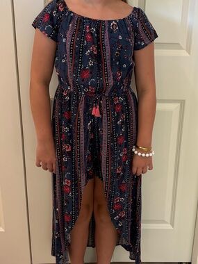 Girls Navy Floral Off-Shoulder High-Low Dress with Tassel